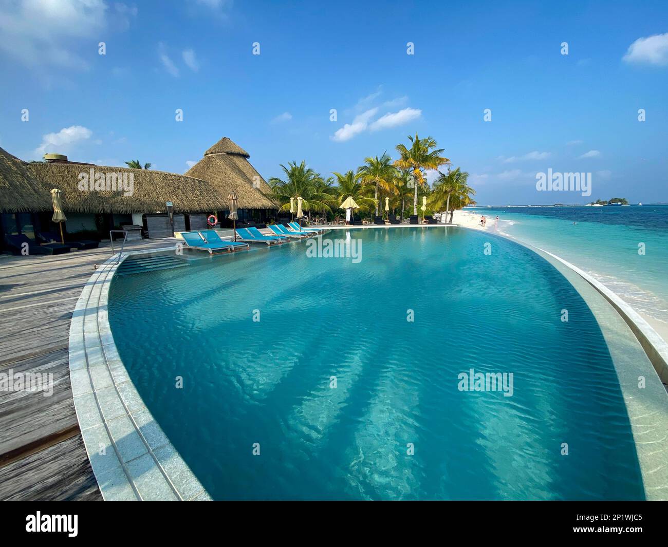 Ferieninsel auf den Malediven, mit Swimmingpool, Hütten und Sonnenliegen, Malediven, Indischer Ozean, Asien Stockfoto