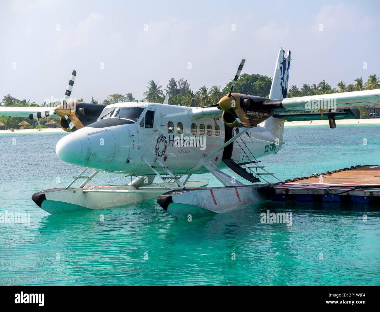 Ferieninsel auf den Malediven, mit Wasserflugzeug, Malediven, Indischem Ozean, Asien Stockfoto