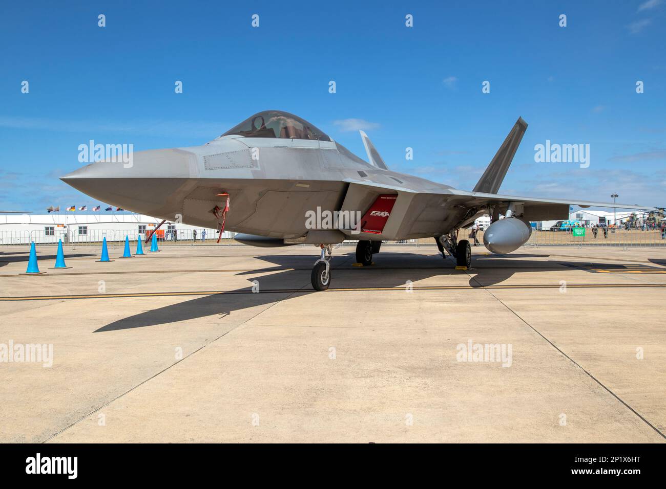 Der USAF F-22 Raptor wird auf der Avalon International Airshow 2023 ausgestellt. Stockfoto