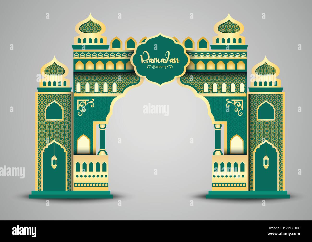 Ramadan Hintergrund mit goldenem Ereignis Eingangsbogen, mit goldenem arabischen Muster, Hintergrund für den heiligen Monat der muslimischen Gemeinschaft Ramadan Kareem. Stock Vektor