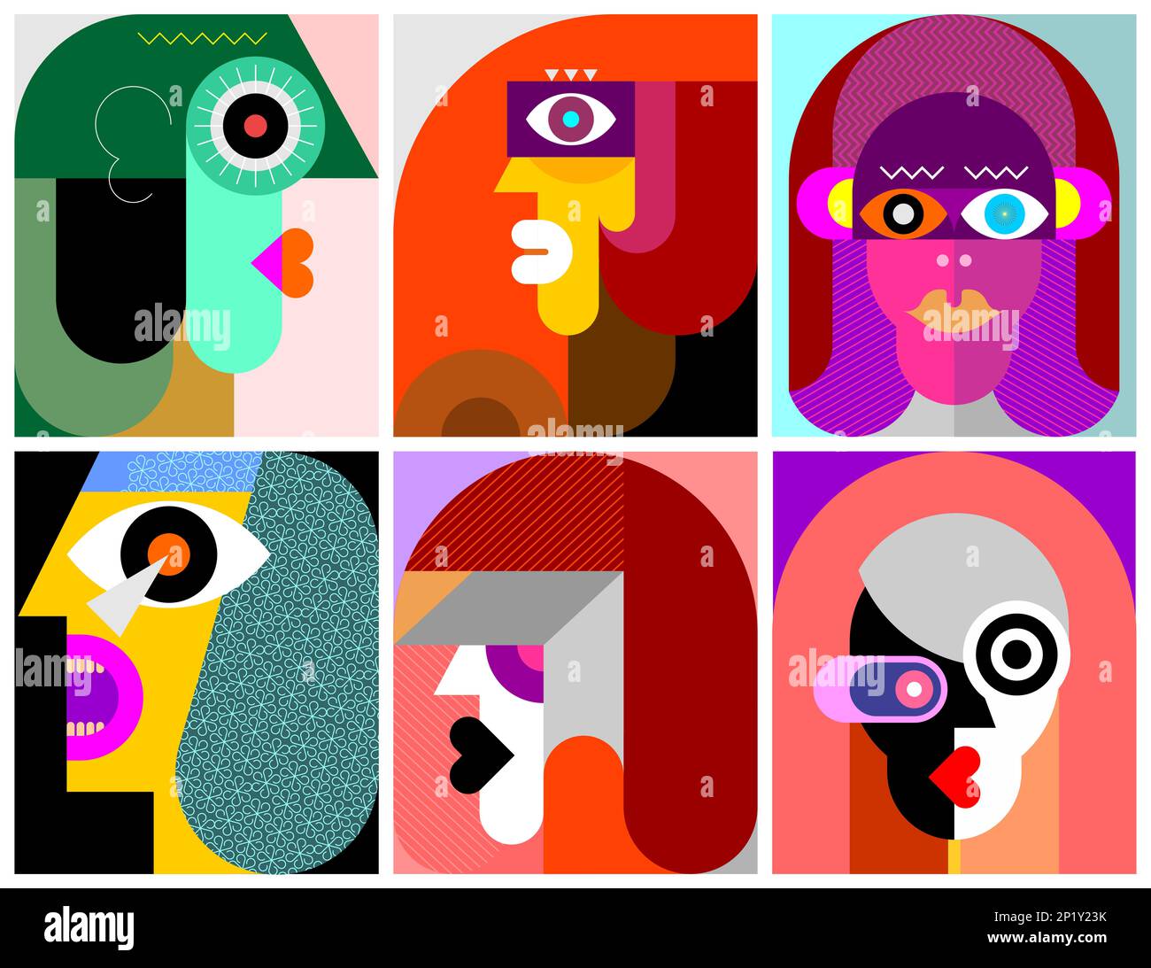 Sechs Porträts Pop-Art-Vektordarstellung. Sechs verschiedene Gesichter, flaches Design. Stockfoto