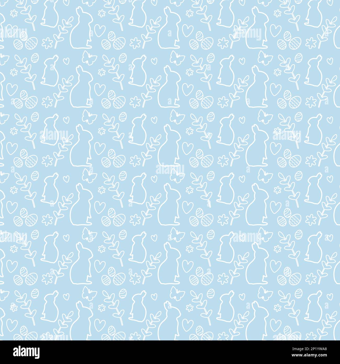 Wunderschönes, nahtloses Ostergemuster auf blauem Hintergrund. Muster mit Kaninchen, Eiern, Schmetterlingen und Blumen. Vektor Stock Vektor