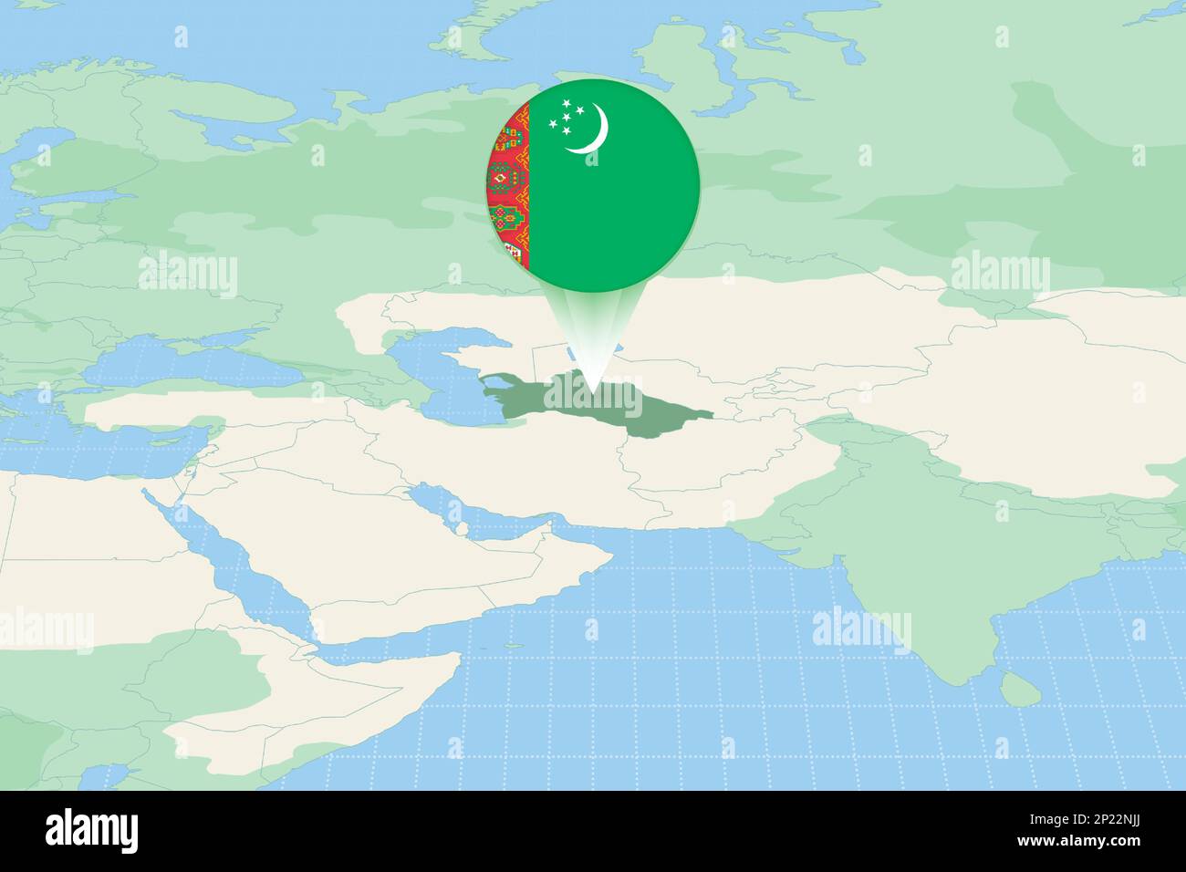 Abbildung Turkmenistans mit der Flagge. Kartographische Darstellung Turkmenistans und seiner Nachbarländer. Vektorzuordnung und Markierung. Stock Vektor