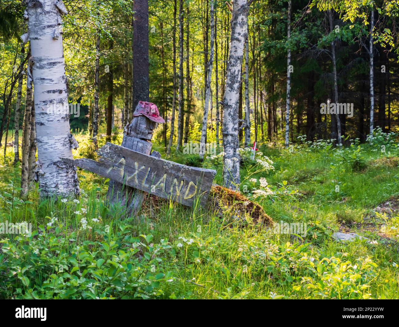 Wegweiser auf einem Holzbrett zum Dorf Axland. Nordschweden. Europa Stockfoto