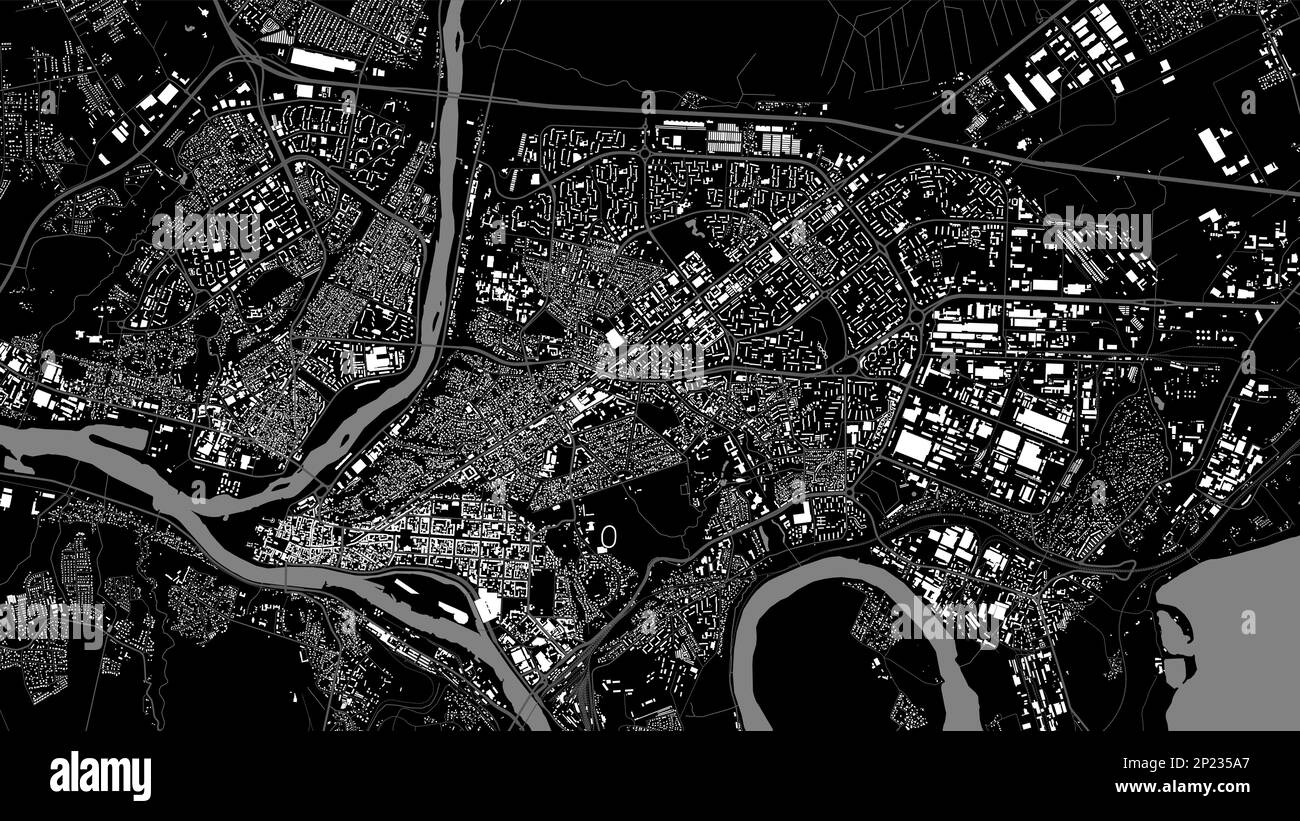 Hintergrundkarte der Stadt Kaunas, Schwarzweiß-Stadtplan, 1920 1080. Fluss Neman und Neris, Straßen und Eisenbahn, Gebäude und Parks. Vektor Stock Vektor