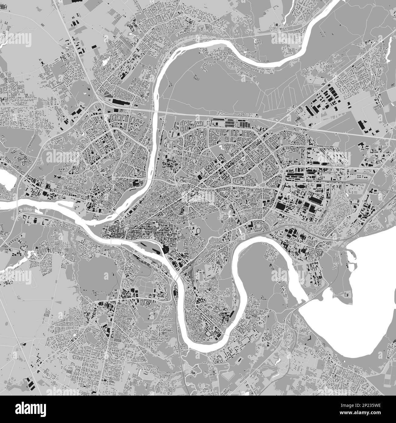 Stadtplan von Kaunas, Stadtplan der Stadt mit grauen Quadraten. Fluss Neman und Neris, Straßen und Eisenbahn, Gebäude und Parks. Vektordarstellung. Stock Vektor