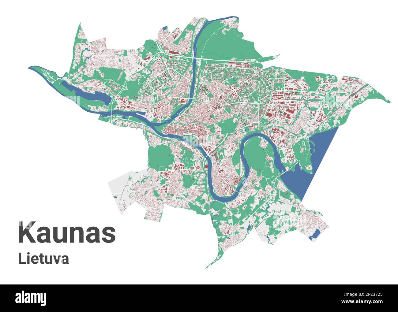 Stadtplan von Kaunas, detaillierte Stadtkarte der Verwaltungsgrenzen. Fluss Neman, Straßen und Eisenbahn, Gebäude und Parks. Vektordarstellung. Stock Vektor