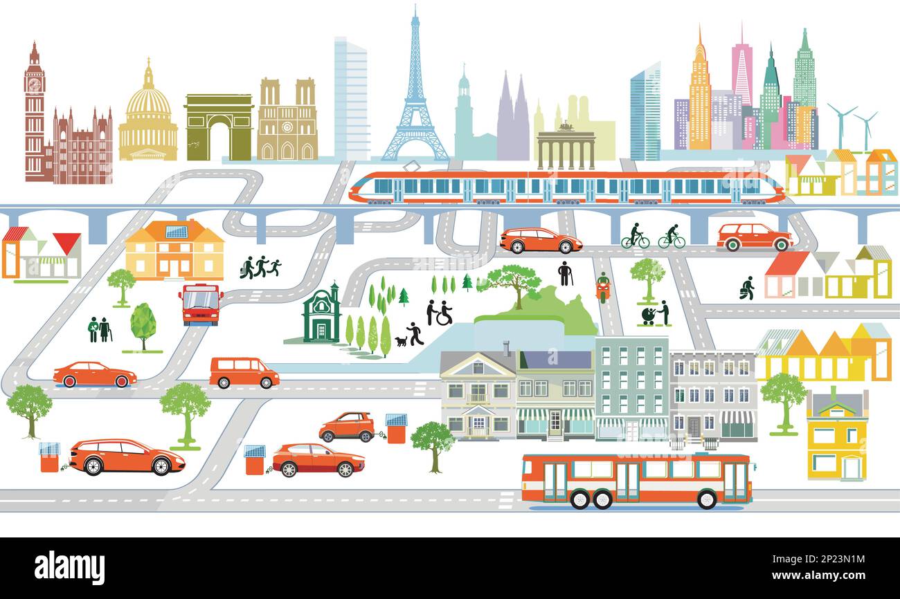 Stadt mit Verkehr und Häusern Panorama, Information Illustration Stock Vektor