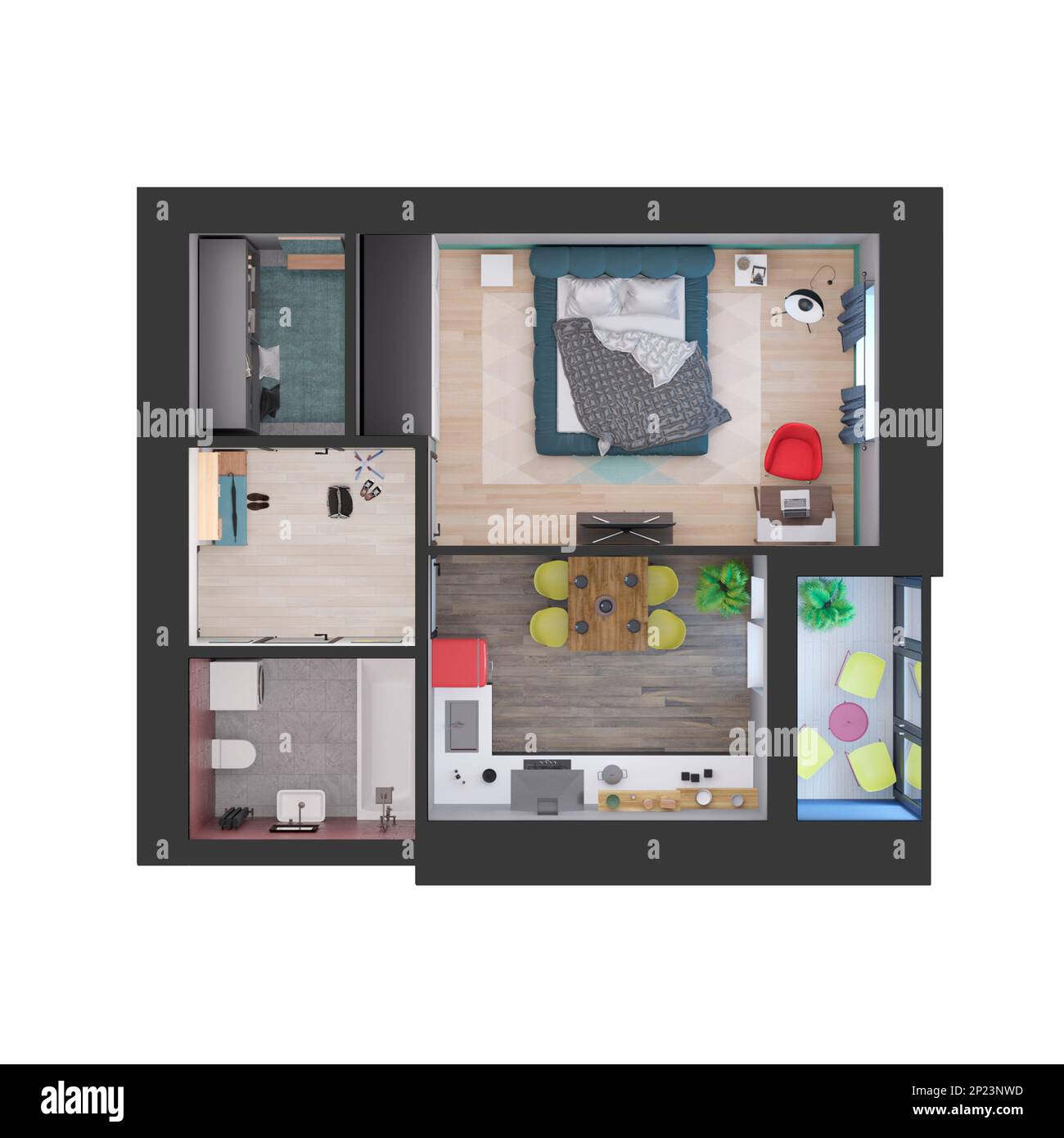 3D-zimmerplan / Grundriss eines modernen Apartments mit einem Schlafzimmer, Draufsicht Stockfoto