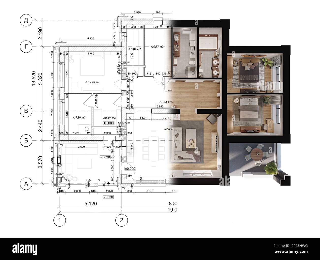 3D-Darstellung eines modernen Privathauses auf der architektonischen technischen Zeichnung Stockfoto