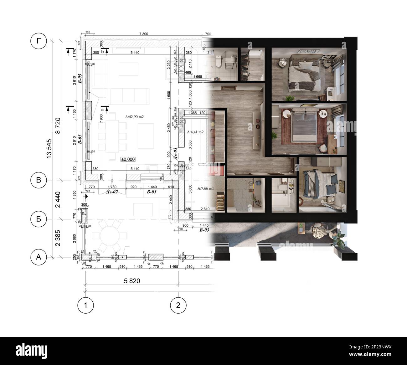 3D-Darstellung eines modernen Privathauses auf der architektonischen technischen Zeichnung Stockfoto