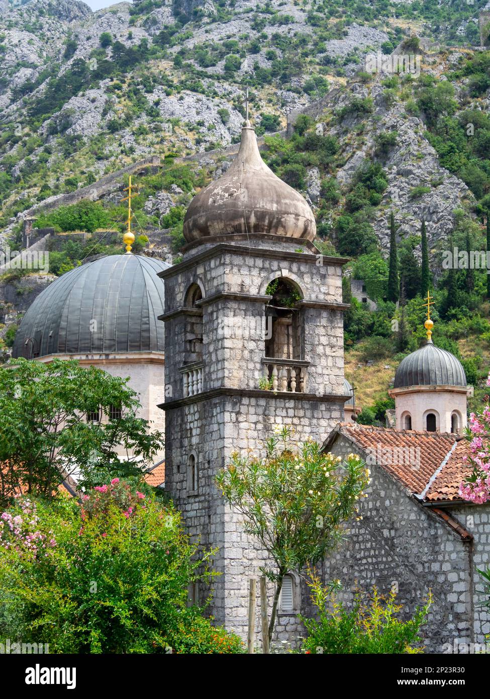 Kuppeln der Kirchen von Kotor Stockfoto