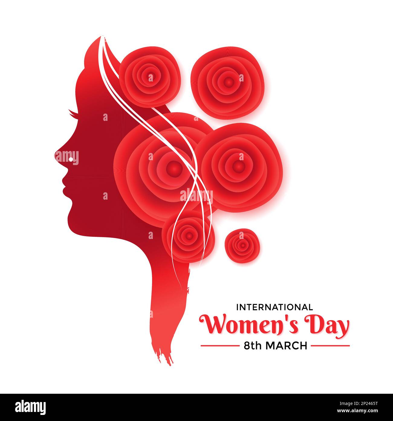 „Happy Women's Day“-Grußkartendesign mit weiblichem Gesicht und dekorativem Blumendesign isoliert auf weißem Hintergrund. Vektordarstellung. Stock Vektor