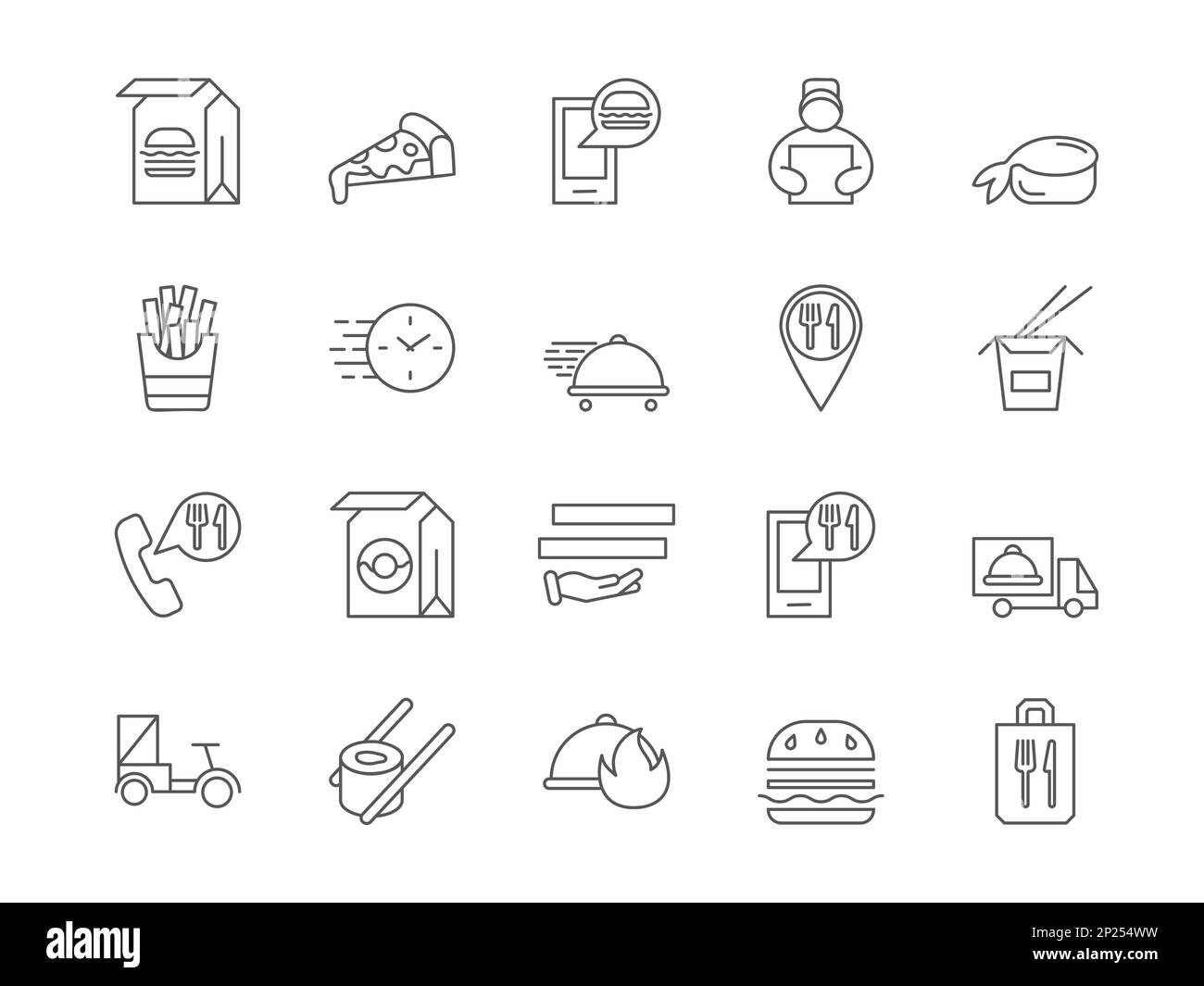 Lebensmittellieferung. Symbole für Online-Bestellungen. Menü in der Pizzabranche. Lebensmittellieferungen zu Hause. Eat-Service-App. Schnelle Lieferung. Essen zum Mitnehmen. Express-Symbole. Vektorumriss-Piktogramme eingestellt Stock Vektor