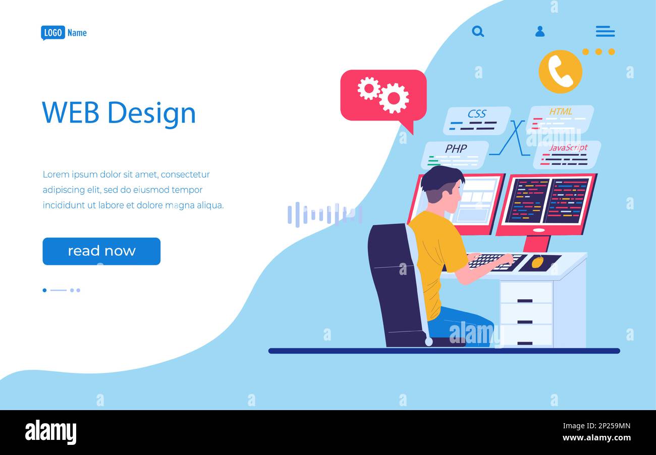 Landing-Page für Webdesign. Programmiersoftware für Entwickler. Ein Mann, der am Computer arbeitet. Backend-java-Coder. Professioneller Ingenieur, der ein digitales Internet-Service-Programm erstellt. Vector-Website-Schnittstellenvorlage Stock Vektor