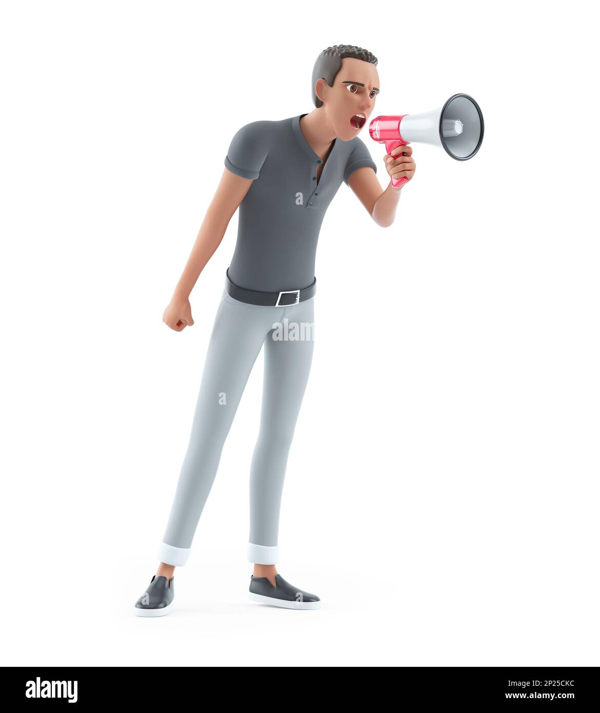 3D Figuren schreien durch Megafon, Illustration isoliert auf weißem Hintergrund Stockfoto