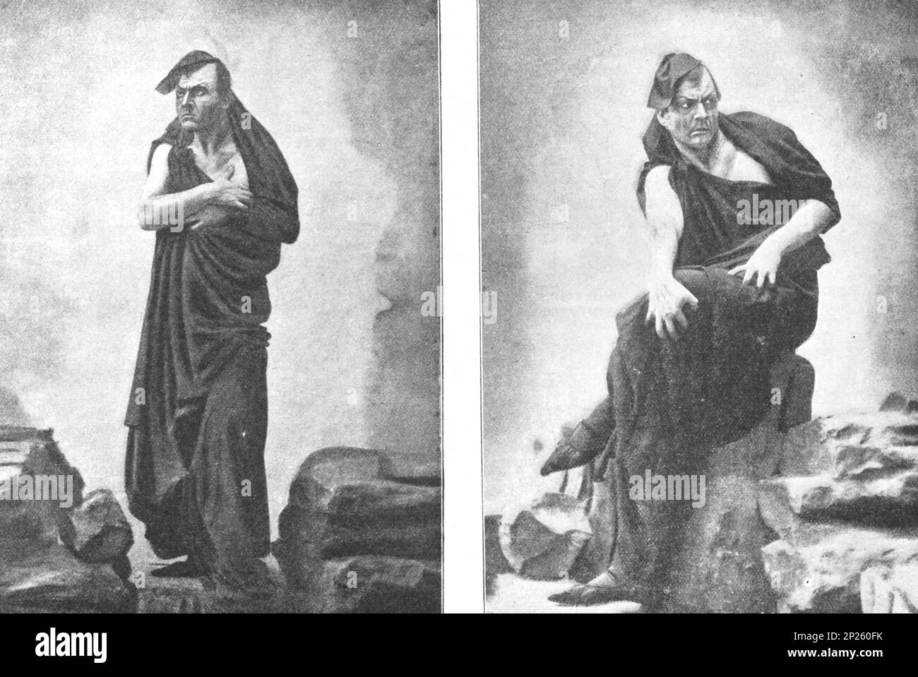 Feodor Chaliapinn in der Oper "Mephistopheles". Potser von 1902. Feodor Iwanowitsch Chaliapin (1873-1938) war ein russischer Opernsänger. Mit seiner tiefen und ausdrucksstarken Bassstimme hatte er eine wichtige internationale Karriere in großen Opernhäusern hinter sich und wird oft dafür geschätzt, dass er die Tradition des naturalistischen Schauspiels in seiner gewählten Kunstform etabliert hat. Stockfoto