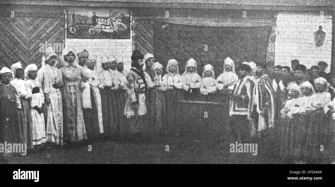 Bauern in der russischen Provinz Vladimir. Szene aus dem Stück „Russische Hochzeit am Ende des 16. Jahrhunderts“. Foto von 1902. Stockfoto