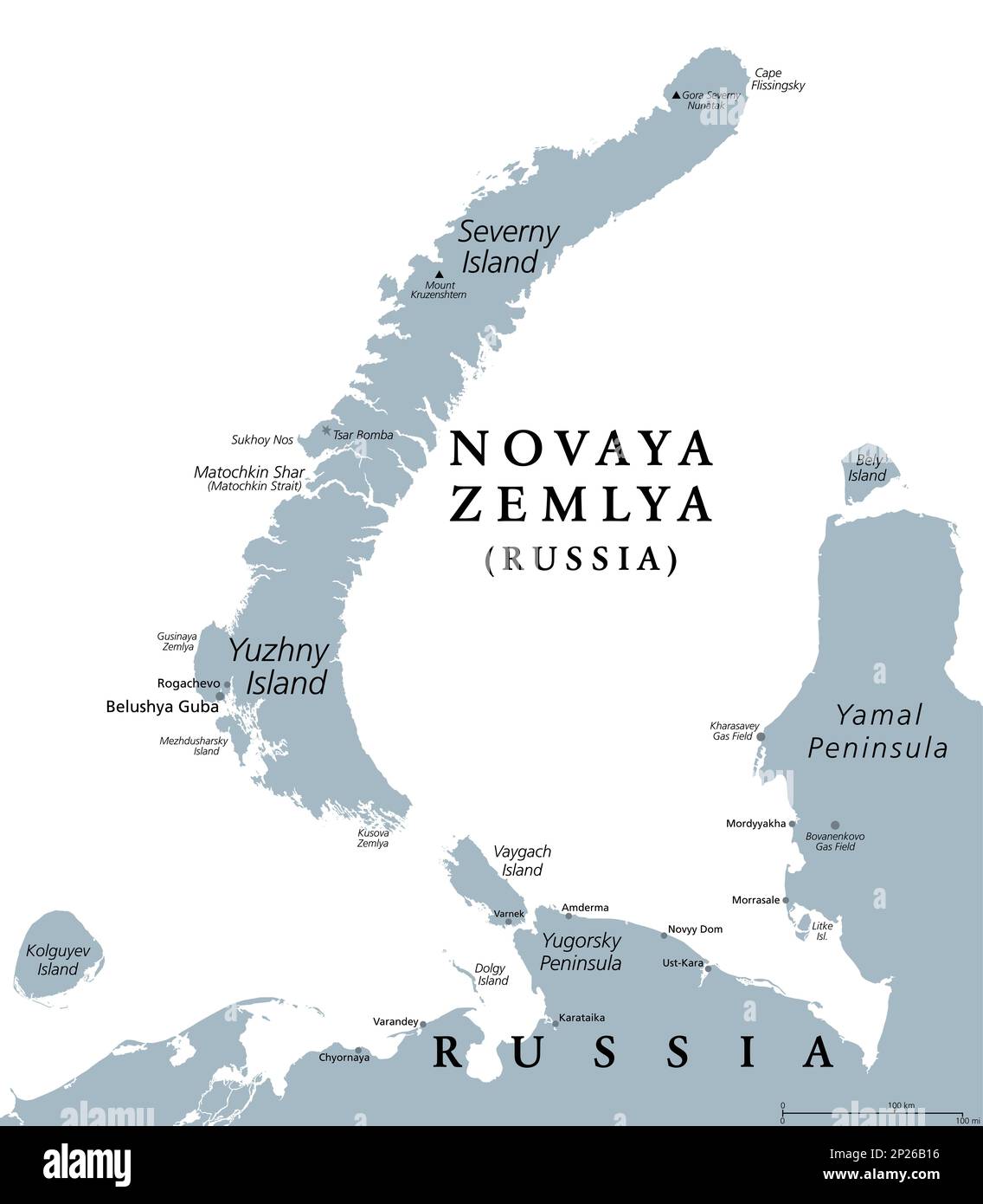 Novaya Zemlya, Inselgruppe im Norden Russlands, graue politische Karte. Gelegen im Arktischen Ozean, bestehend aus Severny Island und Yuzhny Island. Stockfoto