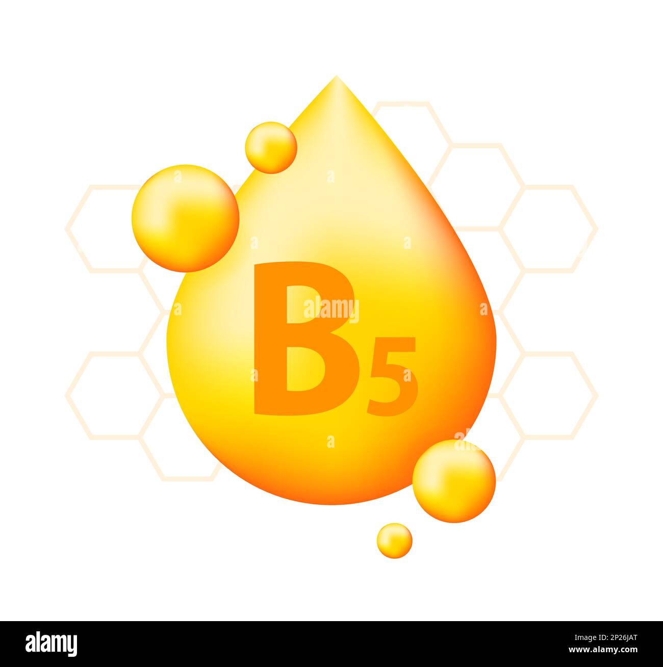 Vitamin B5 mit realistischem Tropfen. Vitaminpartikel in der Mitte. Stock Vektor