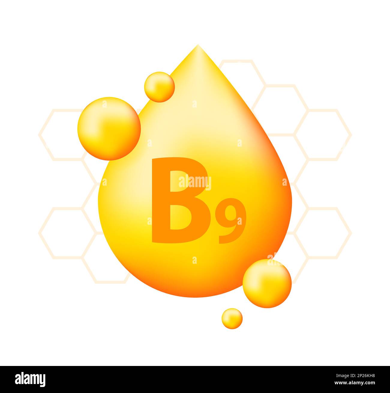 Vitamin B9 mit realistischem Tropfen. Vitaminpartikel in der Mitte. Stock Vektor