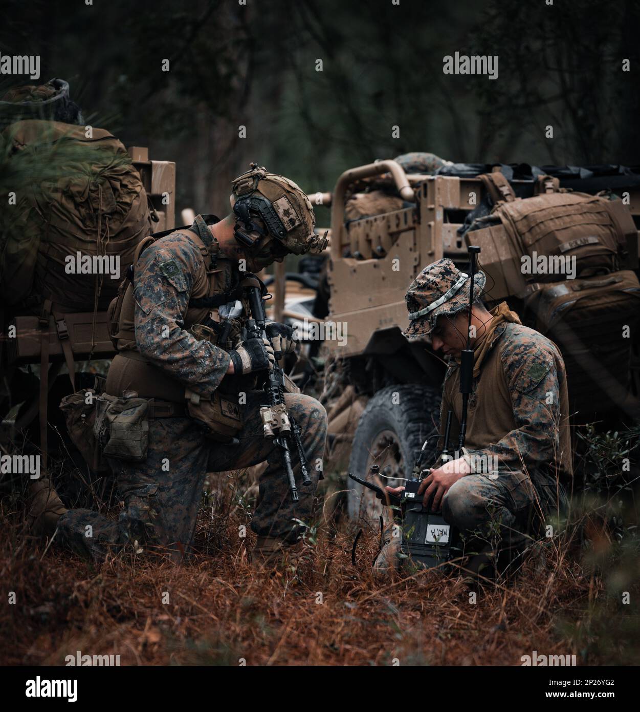 USA Marines mit dem 2D. Aufklärungsbataillon der leichten Panzerung, 2D. Marine Division, richteten während einer Littoral-Übung (LEX) am 31. Januar 2022 in Camp Lejeune, North Carolina, eine Kommunikation ein. Dieses LEX wird dem Befehlshaber der Task Group 61/2,4 die erste Gelegenheit bieten, die maritimen Erfassungs- und Aufklärungskapazitäten des Aufklärungszentrums zu validieren, zu verfeinern und zu verbessern. Stockfoto