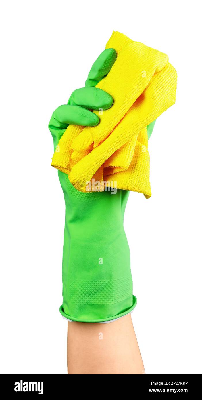 Handschuh mit Mikrofasertuch zum Abwischen von Staub, isoliert auf weißem Hintergrund. Hochwertiges Foto Stockfoto