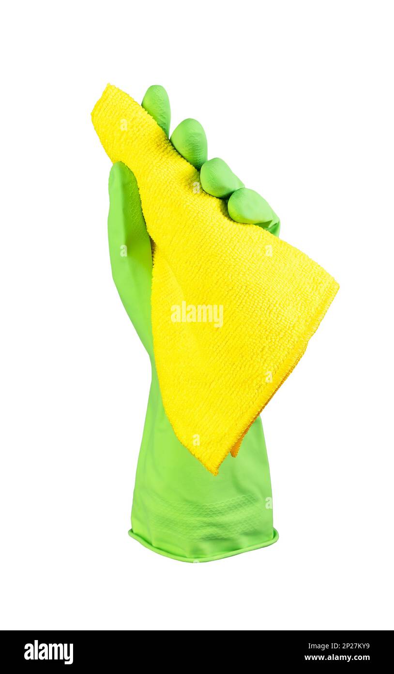 Grüner Handschuh mit Fasertuch für Wisch- und Reinigungsarbeiten, isoliert auf weißem Hintergrund Stockfoto