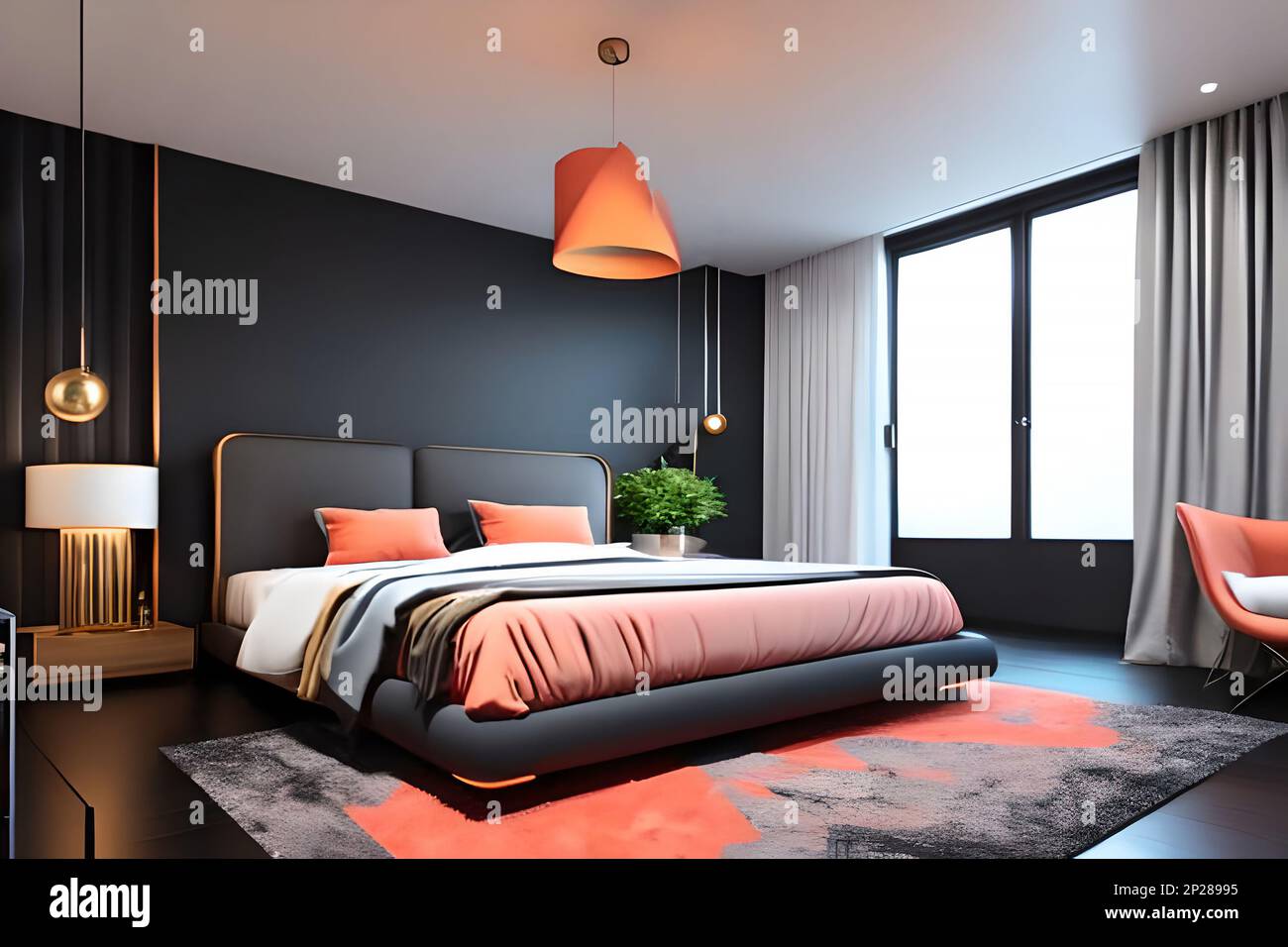 Moderne Einrichtung im minimalistischen Stil. Dominante dunkle Grautöne mit korallenorangefarbenen Akzenten in einem sonnigen Raum. 3D-Visualisierung von BU Stockfoto