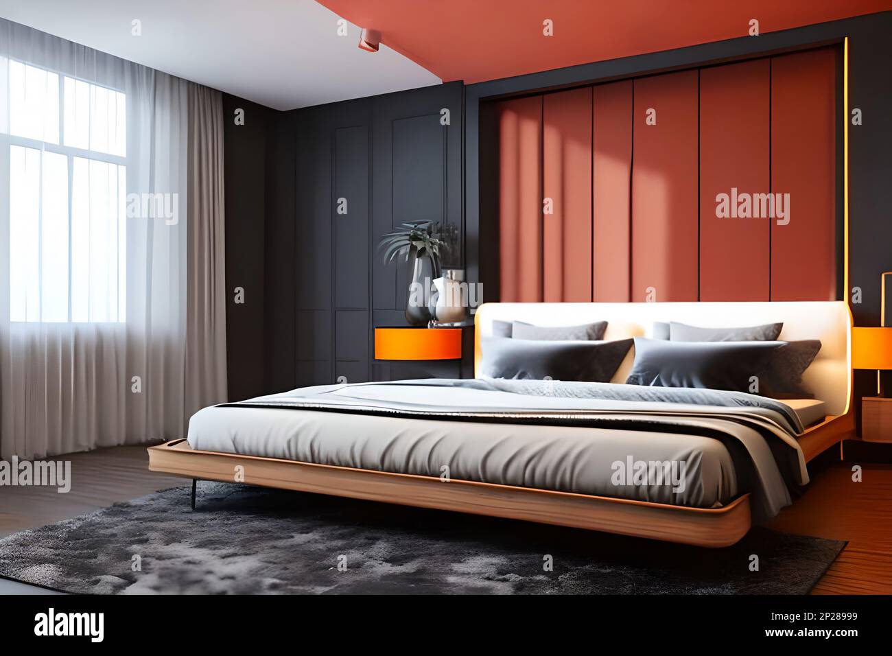 Elegantes, modernes Zimmerdesign mit dunklen Grautönen und korallenroten bis orangefarbenen Akzenten in einem sonnigen Zimmer. 3D-Visualisierung von Schlafzimmer i. Stockfoto