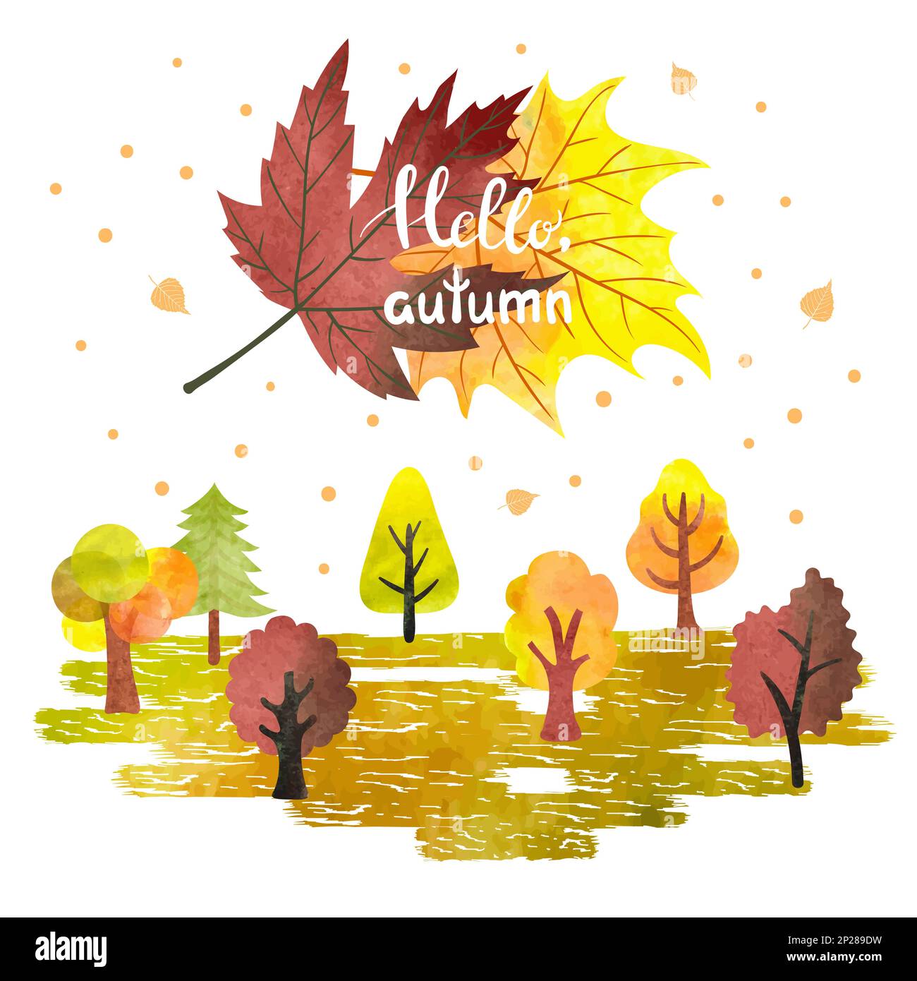 Herbstwälder in Aquarellfarben, Plakat, Banner. Bunte Bäume und Blätter. Hallo Herbstschrift. Vektordarstellung. Stock Vektor