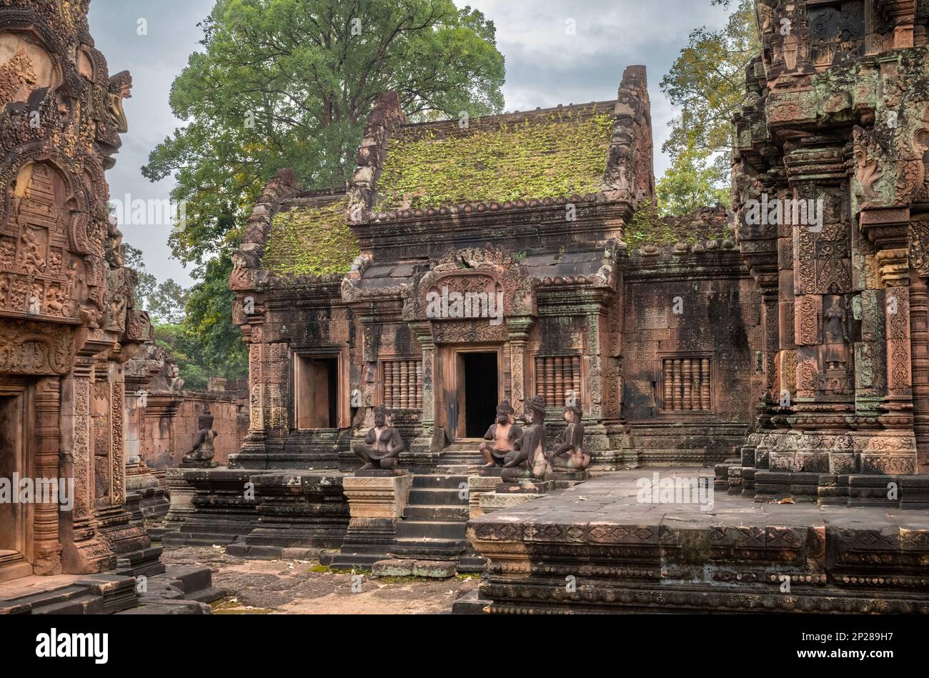 Das Innere des aufwändigen Banteay Srey Tempels aus dem 10. Jahrhundert in der Gegend von Angkor in der Nähe von Siem Reap in Kambodscha. Stockfoto