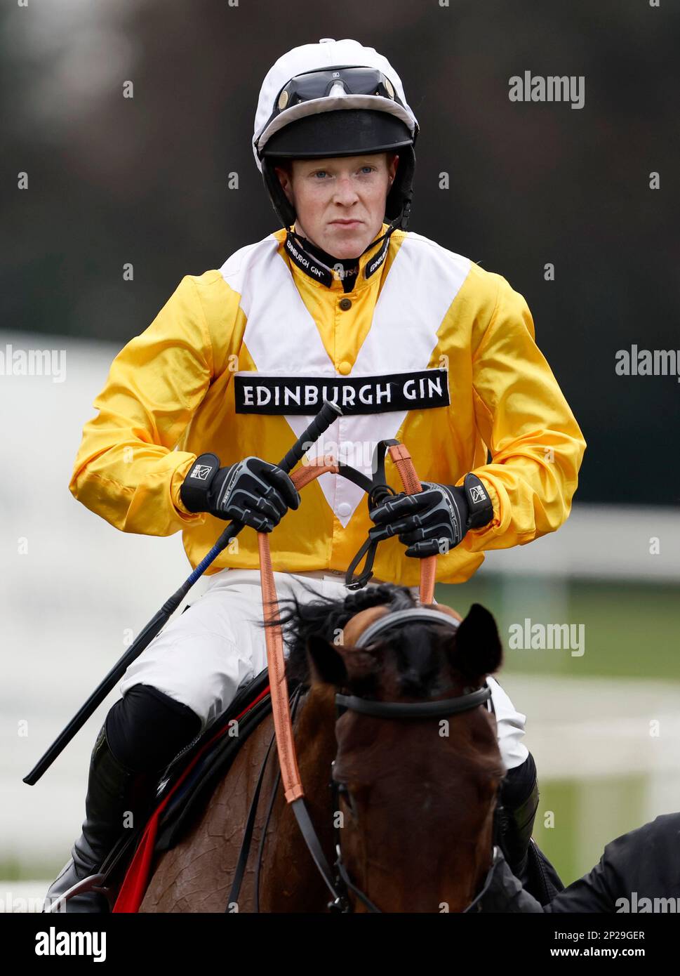 Jockey Patrick Wadge, der Apple mit dem Jungfrauenwettpreis zum Sieg verholfen hat, steigert Mares' Anfängerhürde auf der Rennbahn Doncaster. Foto: Samstag, 4. März 2023. Stockfoto