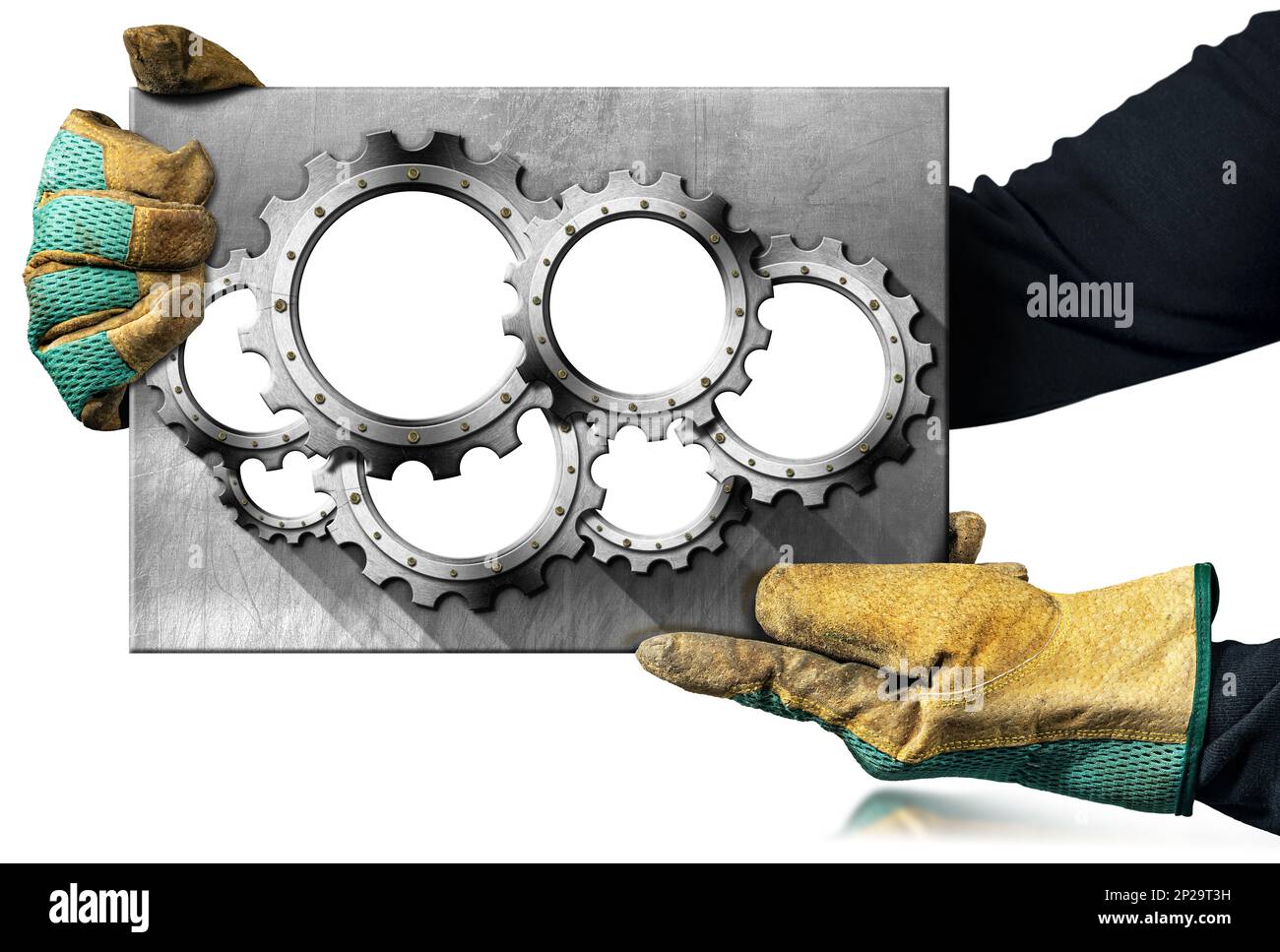Arbeiter mit Schutzhandschuhen, der eine graue Metallplatte mit einer Gruppe von sieben leeren Metallgetrieben (Zahnräder) hält, isoliert auf weißem Hintergrund Stockfoto