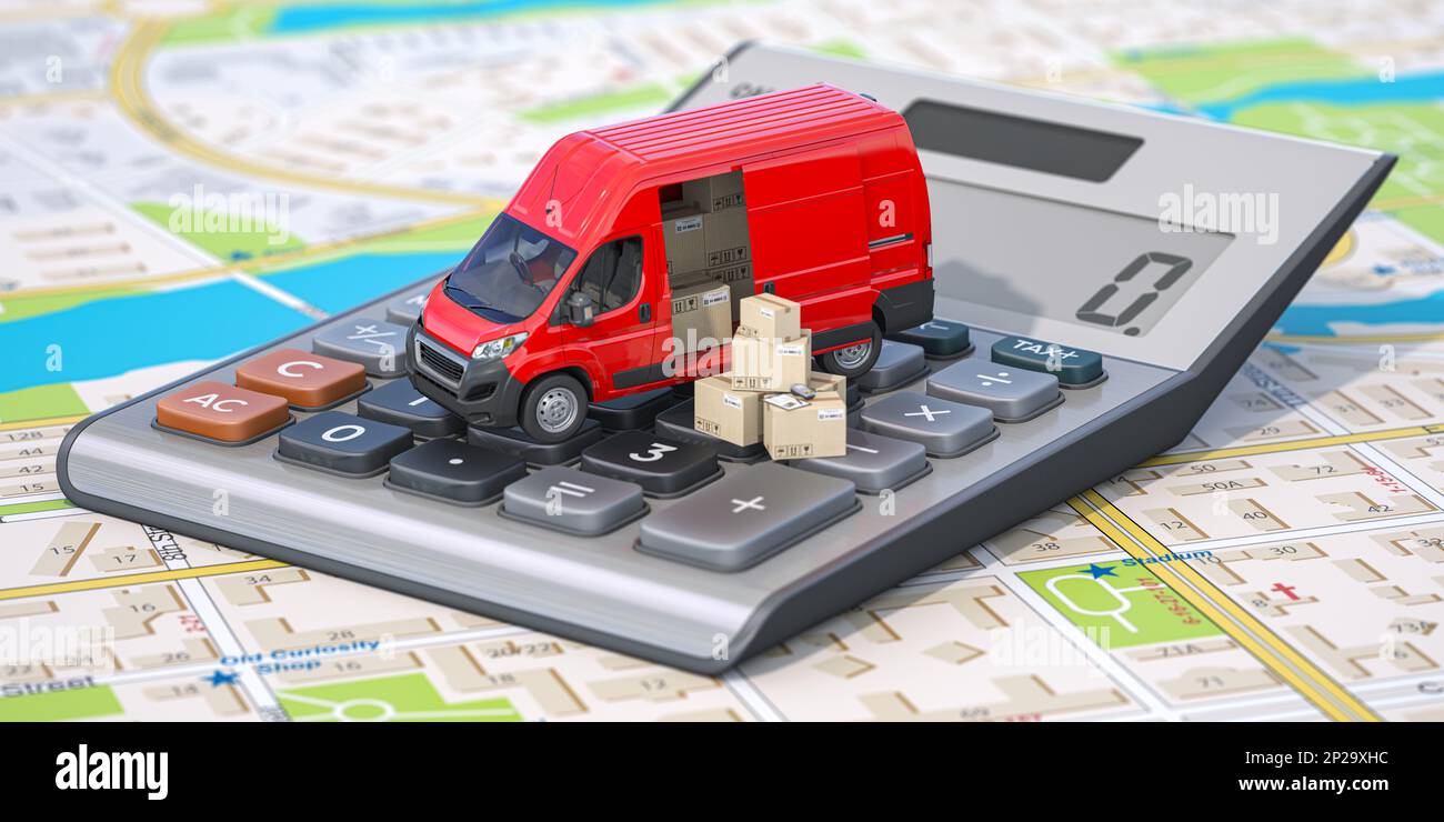 Berechnung der Liefer- und Transportkosten, Lieferwagen mit Kartons auf dem Rechner. 3D Abbildung Stockfoto