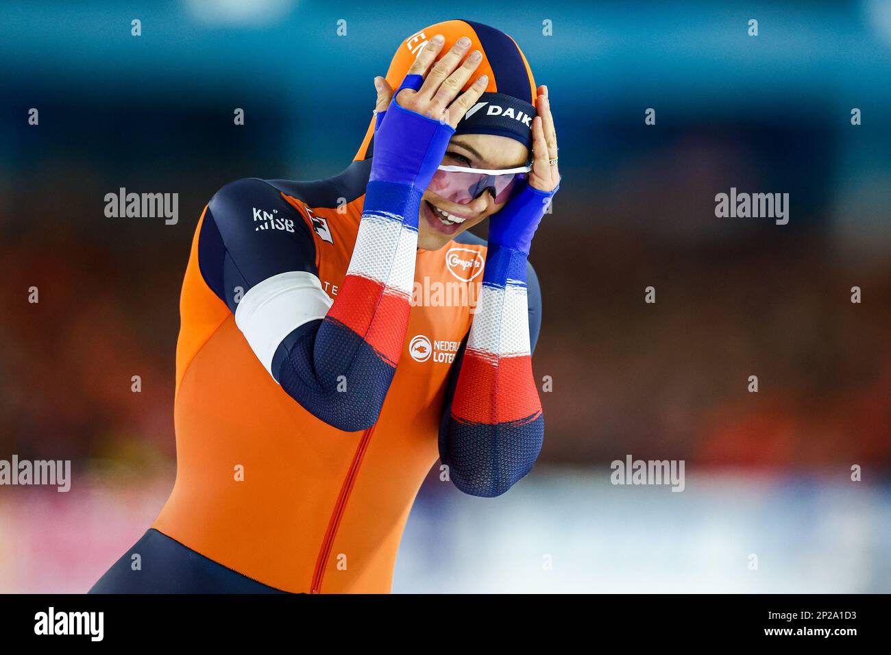 HERENVEEN - Jutta Leerdam gewinnt die 1000 Meter für Frauen bei der ISU World Speed Skating Championships in Thialf. ANP VINCENT JANNINK Stockfoto