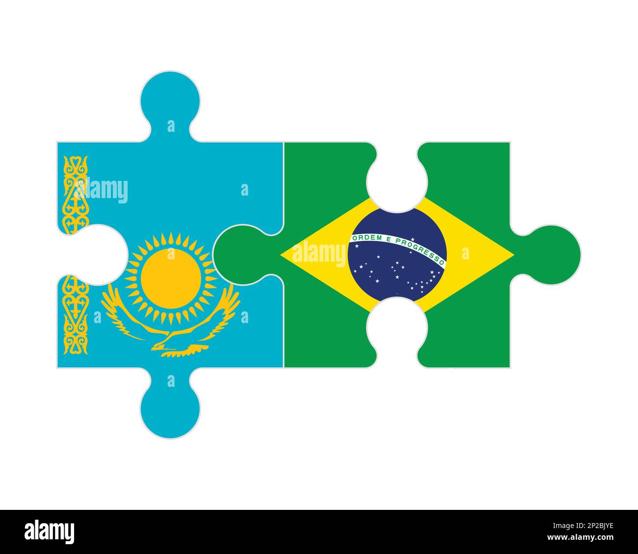 Zusammenhängendes Puzzle von Flaggen Kasachstans und Brasiliens, Vektor Stock Vektor