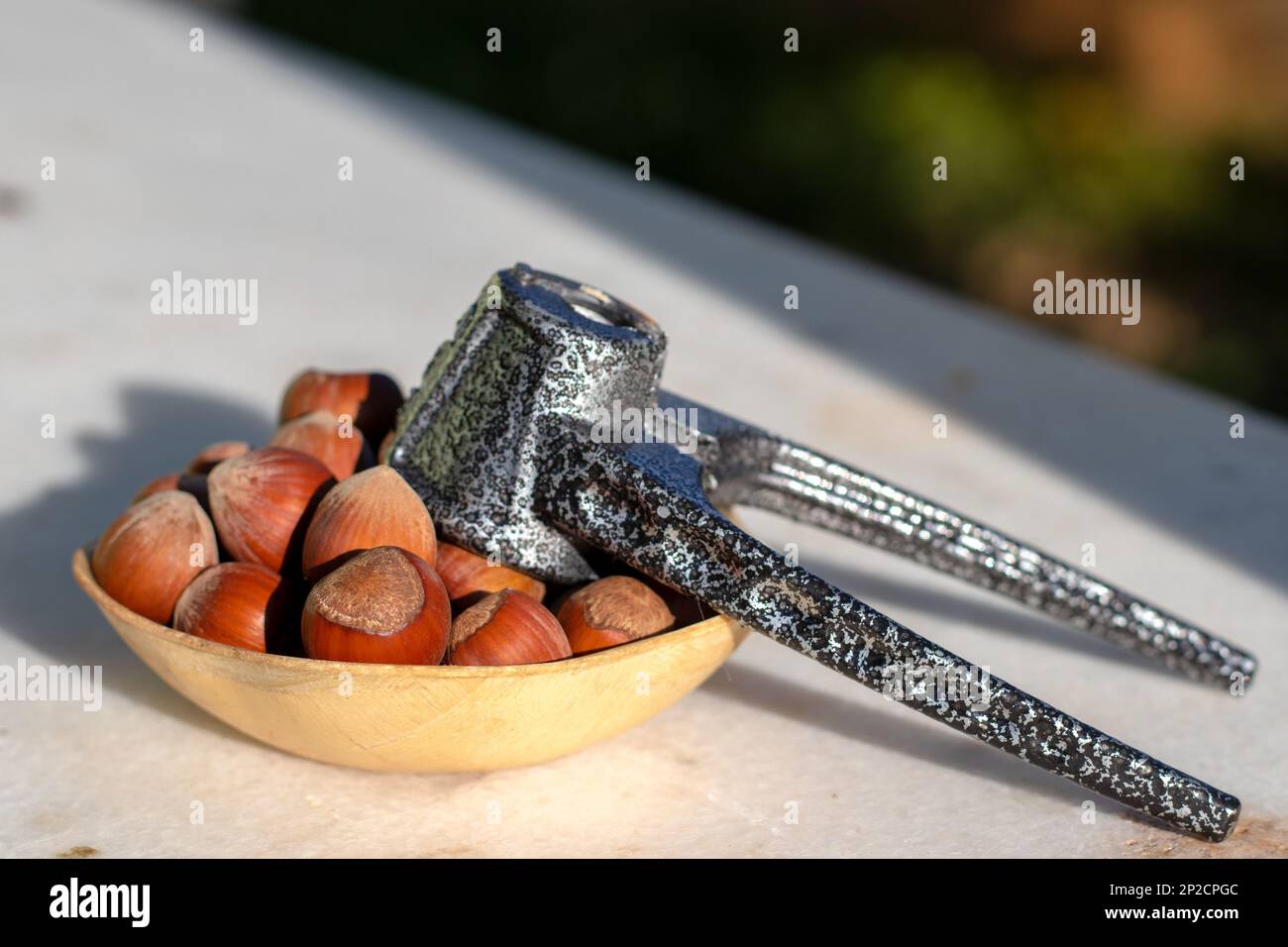 In einer Holzschüssel Voller Haselnüsse und einem Nussknacker. Gesundheitsnahrungskonzept Stockfoto