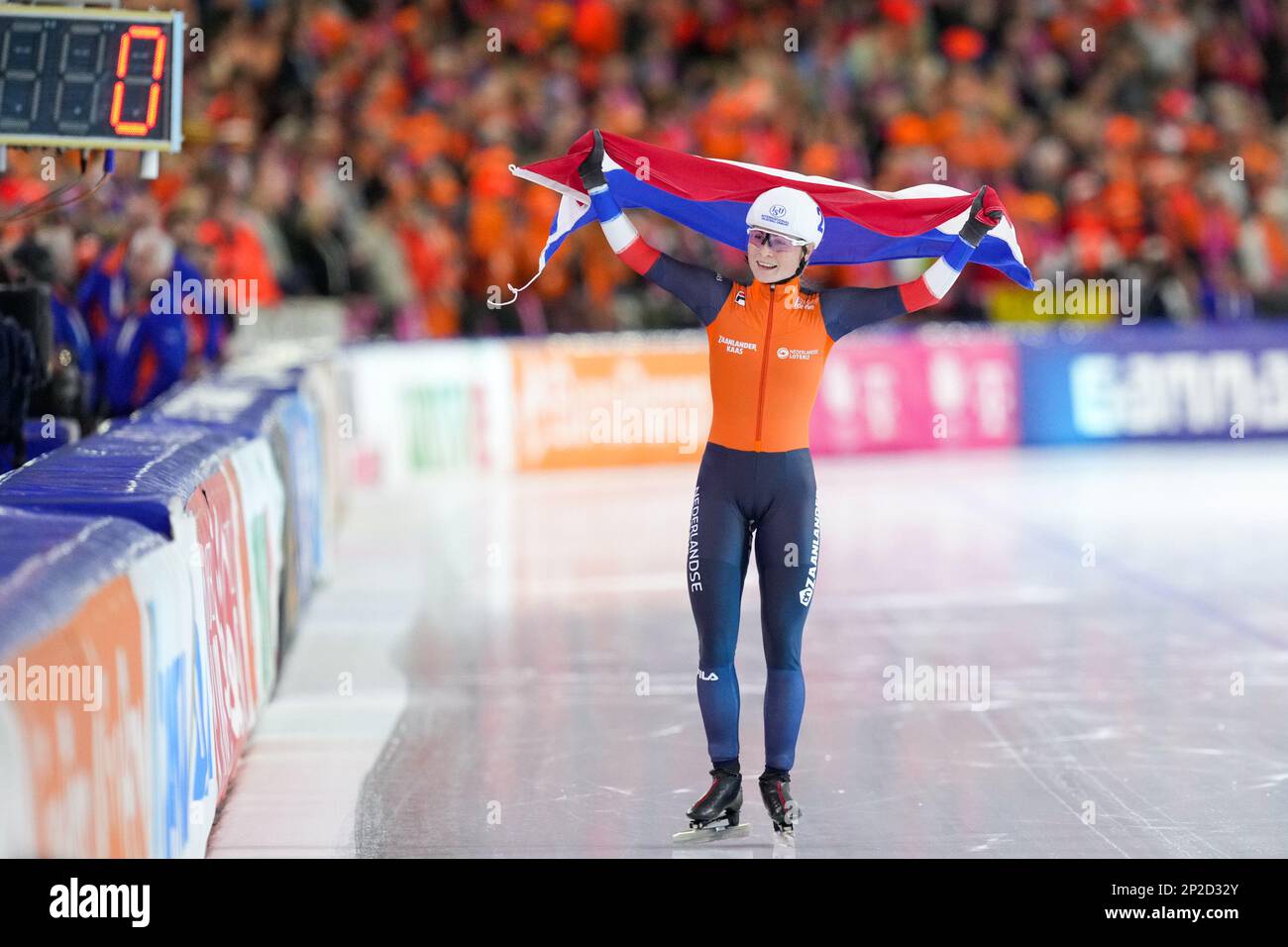 HEERENVEEN, NIEDERLANDE - MÄRZ 4: Marijke Groenewoud aus den Niederlanden reagiert auf die Teilnahme an der Mass Start Women während der ISU World Speed Skating Championships 2023 am 4. März 2023 in Heerenveen, Niederlande (Foto von Douwe Bijlsma/Orange Pictures) NOCNSF Stockfoto