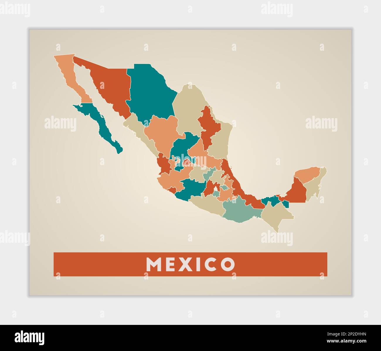 Mexikanisches Poster. Landkarte mit bunten Regionen. Form von Mexiko mit Ländername. Abbildung des Strahlungsvektors. Stock Vektor