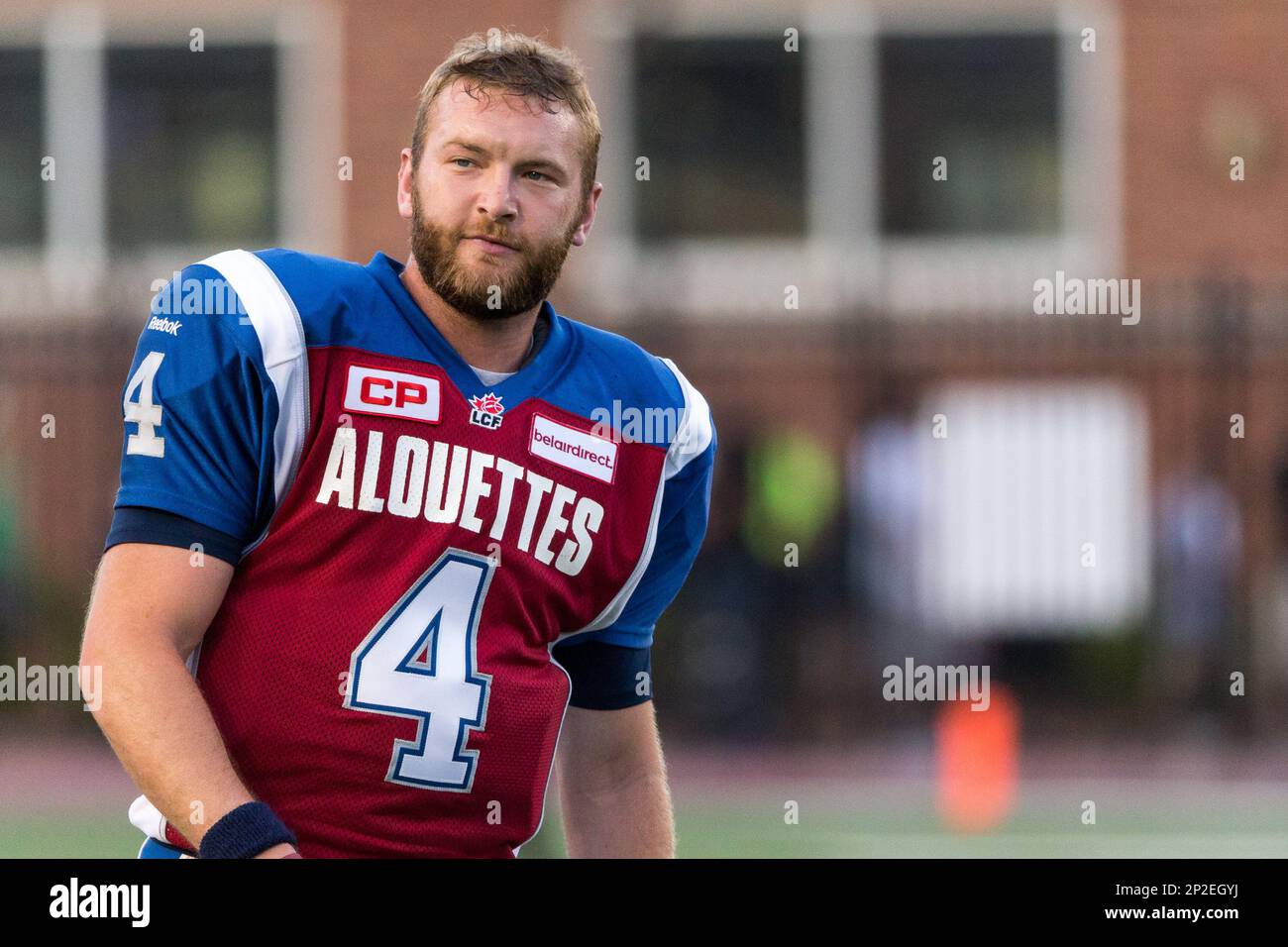SEP 03, 2015 : Montreal Alouettes quarterback Tanner Marsh #4 prior to a CFL game between the BC Lions and the Montreal Alouettes at the Percival Molson Stadium in Montreal, Quebec, Canada. (Icon Sportswire via AP Images) Stockfoto