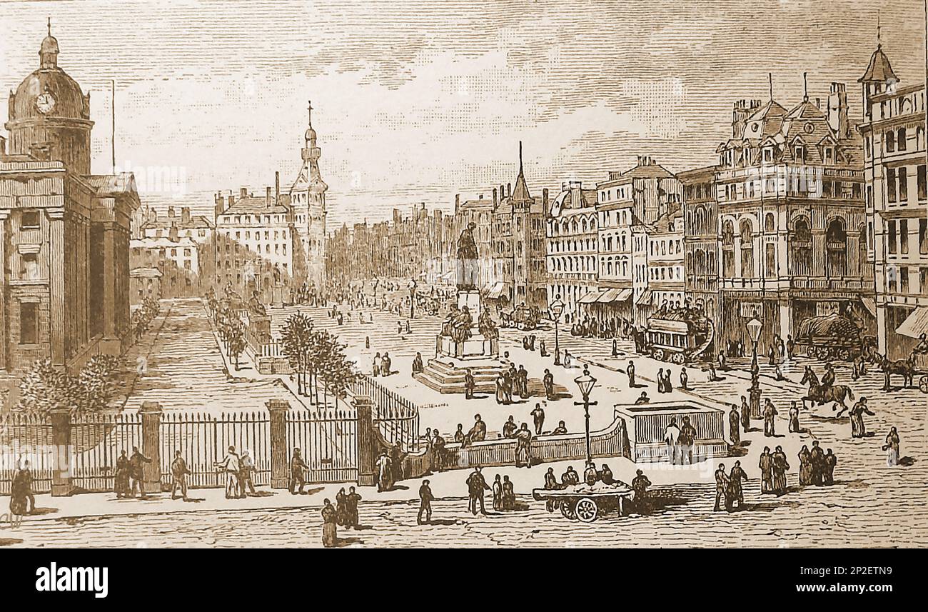 Eine Illustration aus dem 19. Jahrhundert von Manchester, Großbritannien, mit dem Royal Infirmary & Piccadilly vom Queens Hotel. Stockfoto