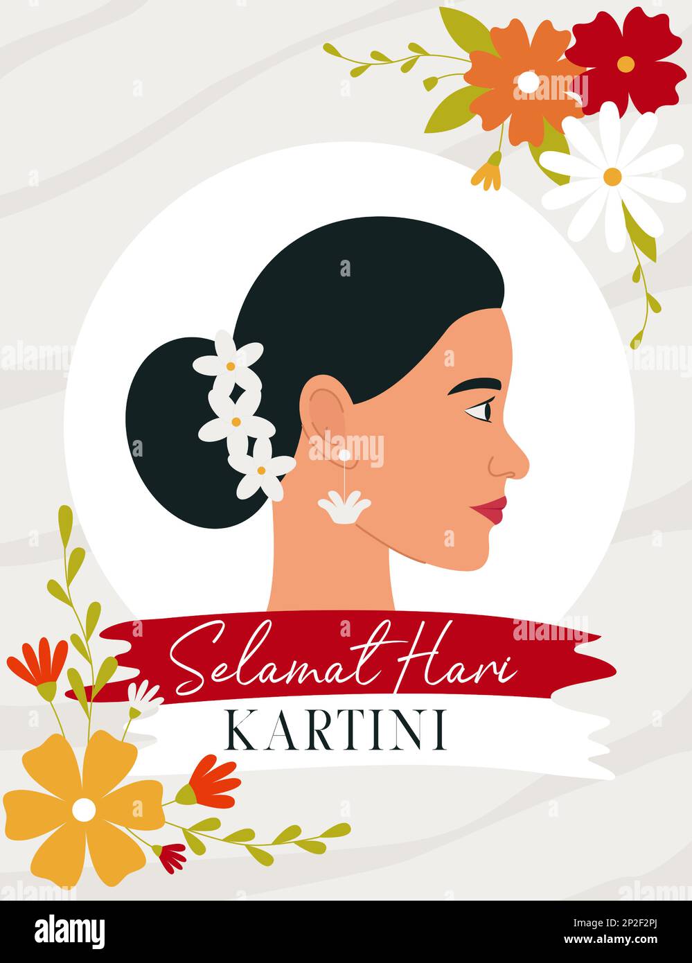 Selamat Hari Kartini Bedeutet Happy Kartini Day. Kartini ist eine indonesische Heldin. Profil einer dunkelhaarigen Frau, umgeben von Blumen. Flacher Vektor krank Stock Vektor