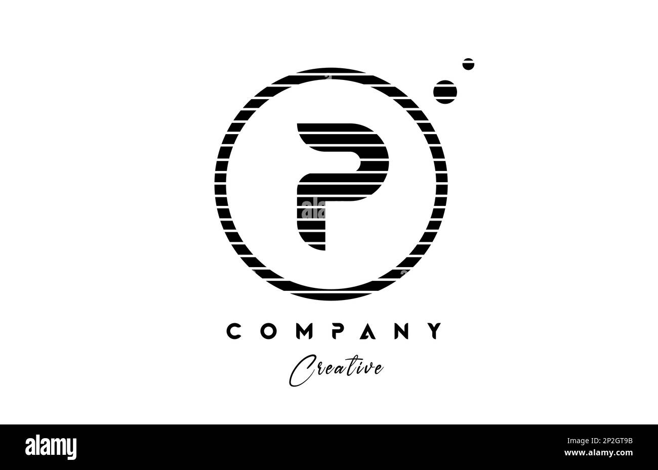 Logo mit Buchstabendesign und Buchstaben P mit Linienstreifen und Kreis. Schwarzweiß-Kreativvorlage für Unternehmen und Unternehmen Stock Vektor