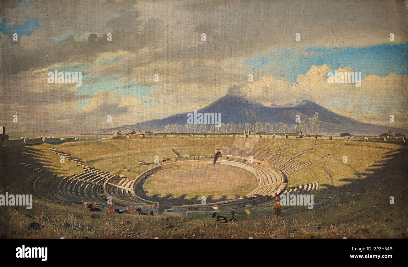 Amphitheater in Pompeji mit Vesuv im Hintergrund, zweite Hälfte des 19. Jahrhunderts. Private Sammlung. Stockfoto