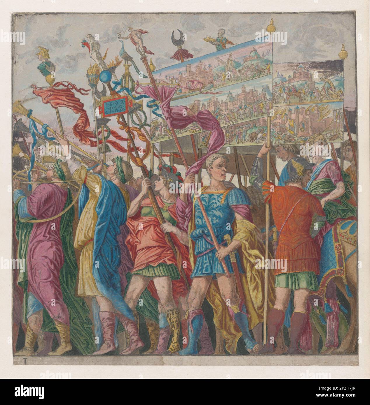 Blatt 1: Soldaten mit Bannern aus dem Triumph von Julius Cäsar, 1599. Private Sammlung. Stockfoto