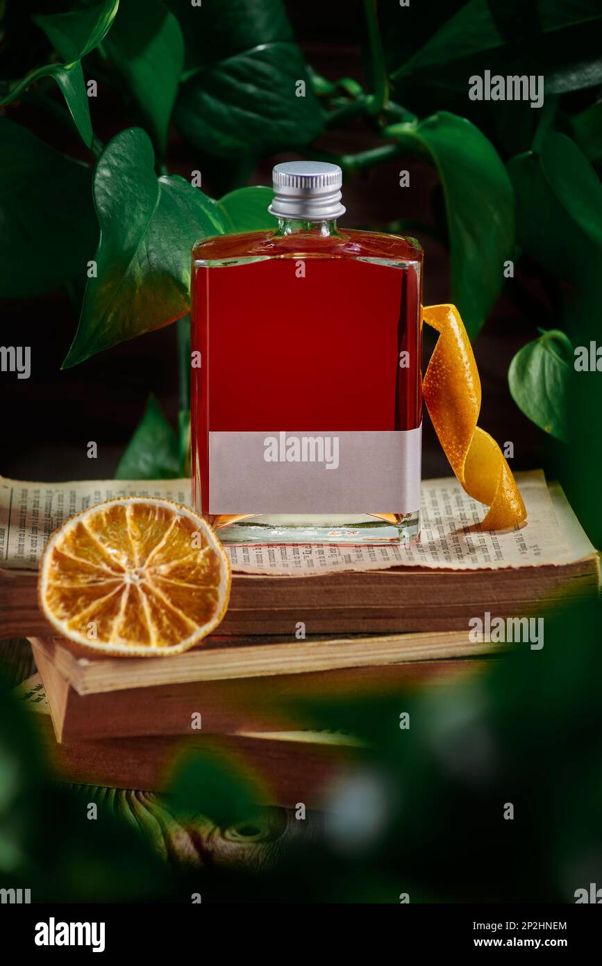 Glasbecher mit roter Flüssigkeit aus Alkohol, Getränk mit Orangenschale und getrockneten Früchten auf Büchern und Pflanzenumgebung, eingekleidet Stockfoto