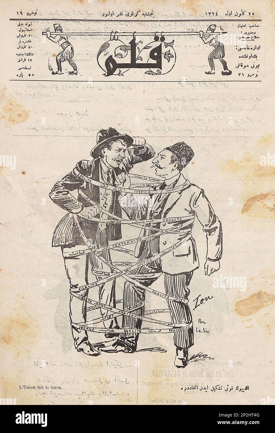Titelseite des Kalem Magazins, einer zweisprachigen wöchentlichen Zeitschrift für politische Satire, die zwischen 1908 und 1911 in Istanbul, Osmanisches Reich, im Umlauf war Stockfoto
