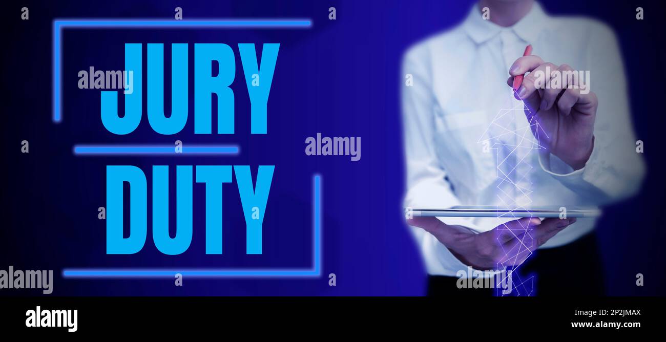 Ein Schild mit der Aufschrift "Jury Duty". Ein Wort, das auf einer Verpflichtung oder einer Frist für die Tätigkeit als Mitglied einer Jury vor Gericht verfasst ist Stockfoto