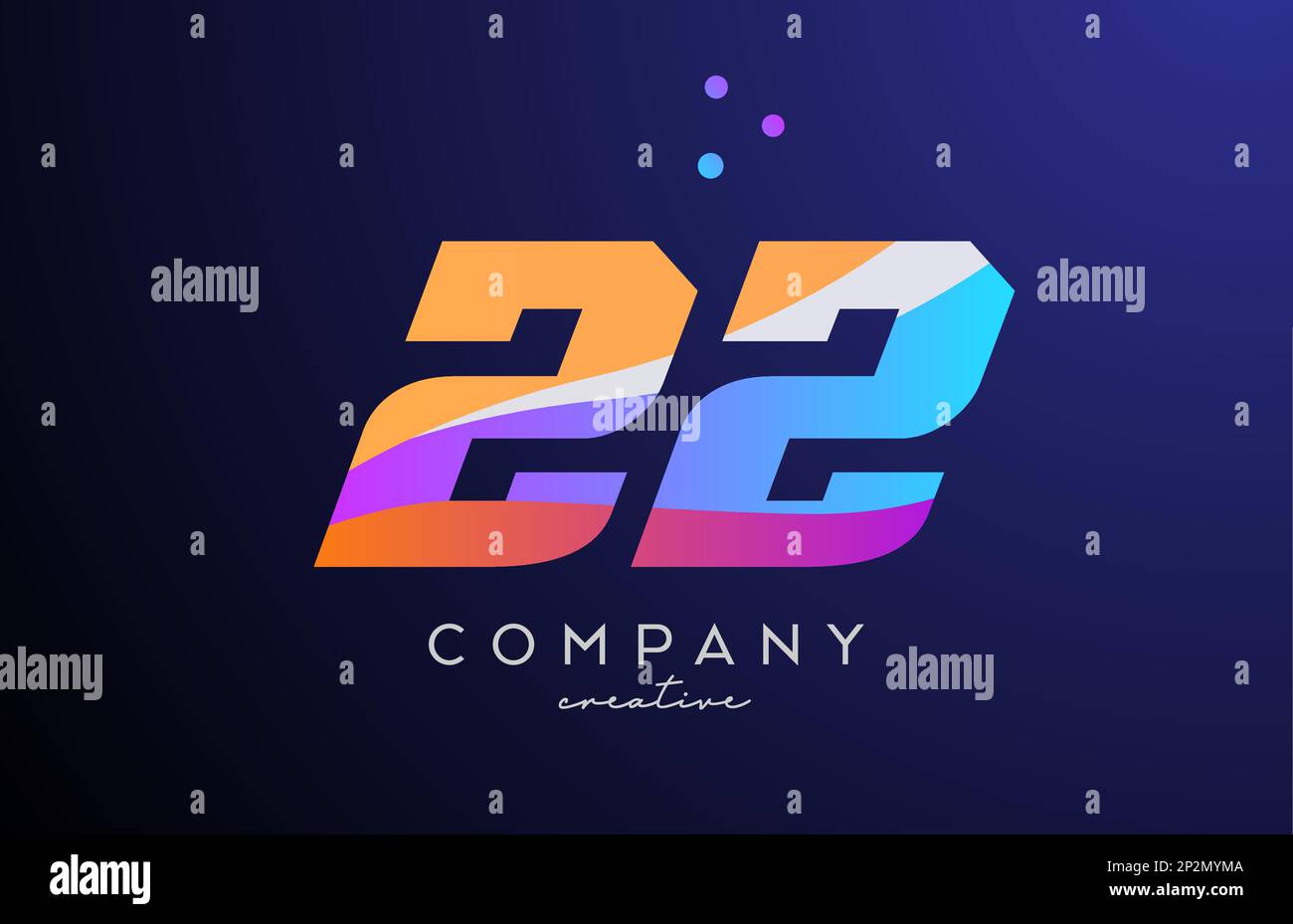 Farbiges Nummer-22-Logo-Symbol mit Punkten. Gelbblaues, rosafarbenes Vorlagendesign für ein Unternehmen oder eine Firma Stock Vektor